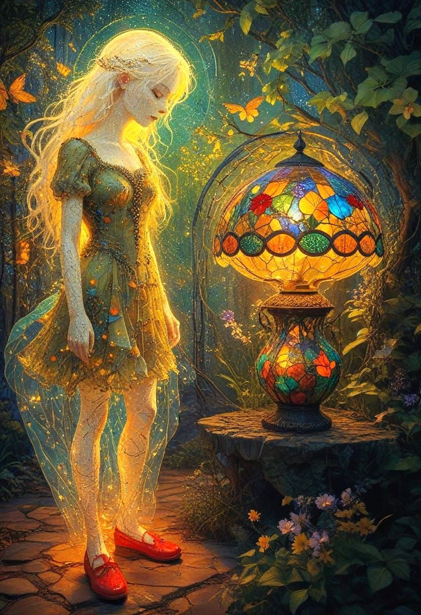 Goth Albino Woman in Tattered Dress with Tiffany Lamp Glow