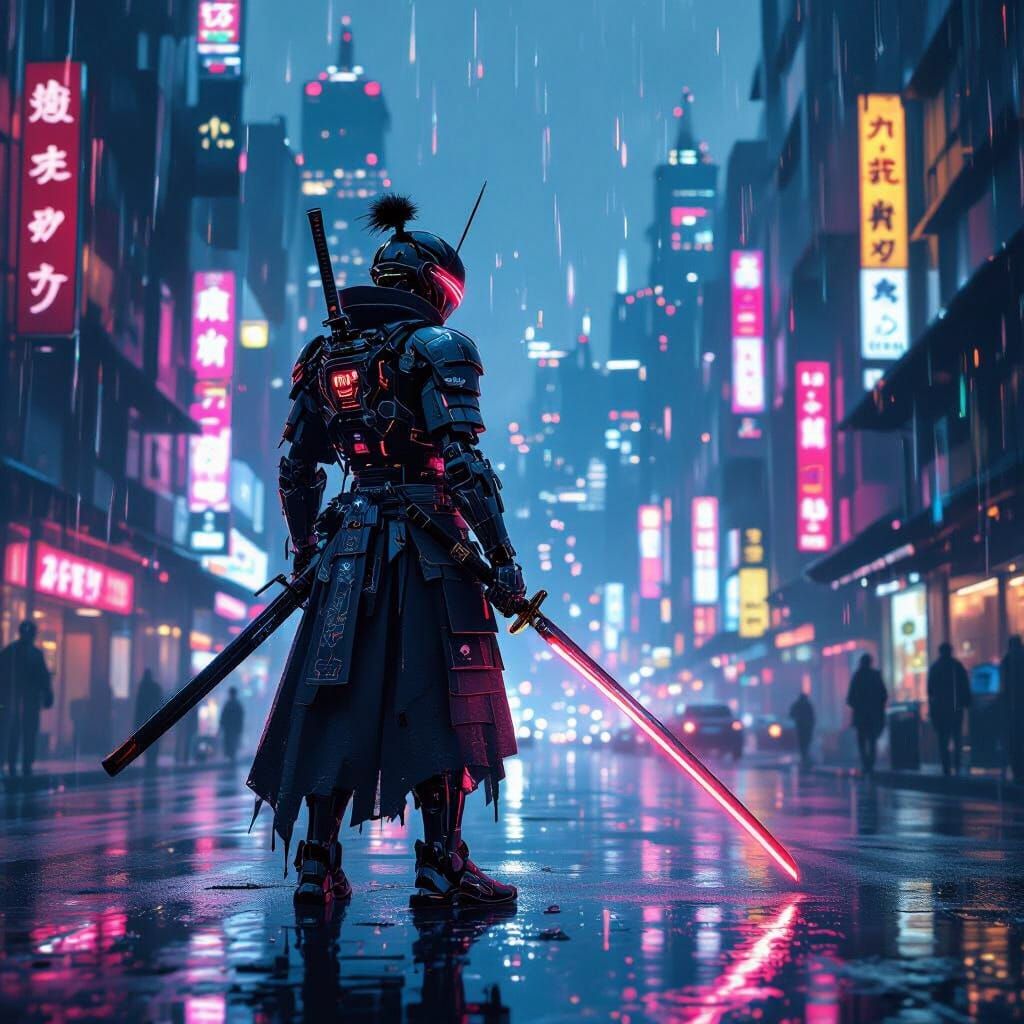 Cyborg Samurai in Rainy Cyberpunk City as Matte Painting