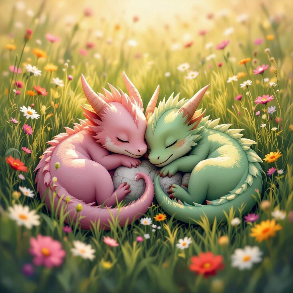 Twin Baby Dragons Sleeping in a Meadow