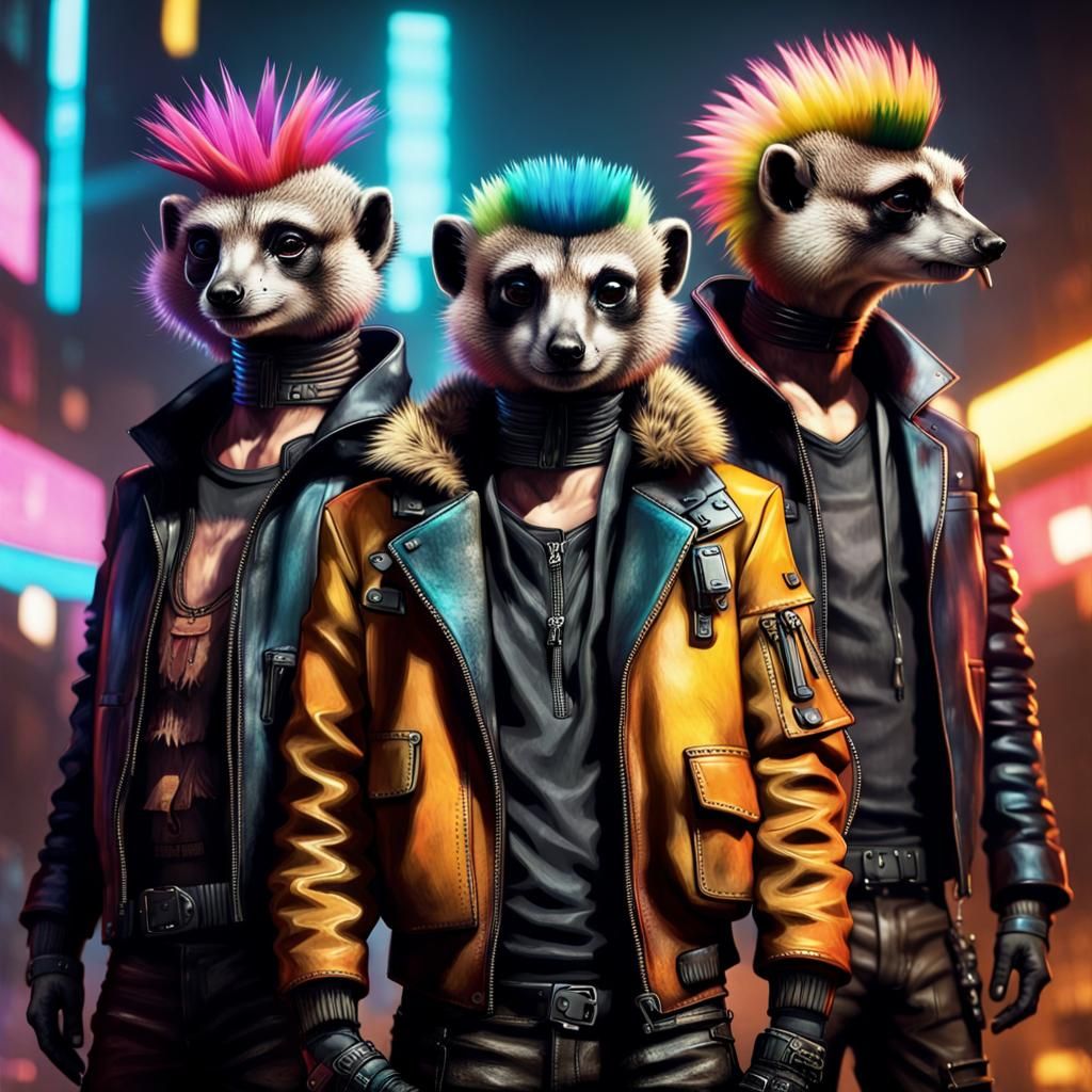 Meerkats with Mohawks in Cyberpunk Cityscape