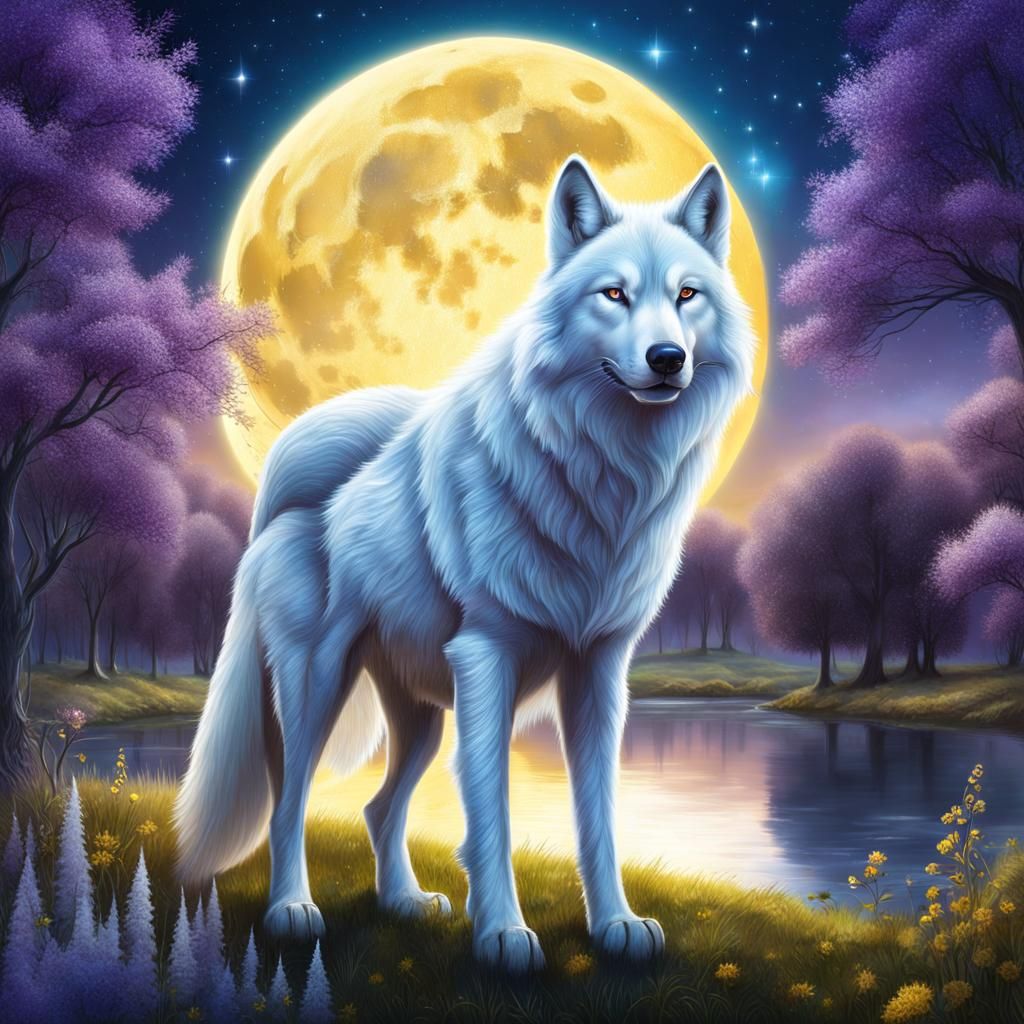 Armored White Wolf in Starry Meadow
