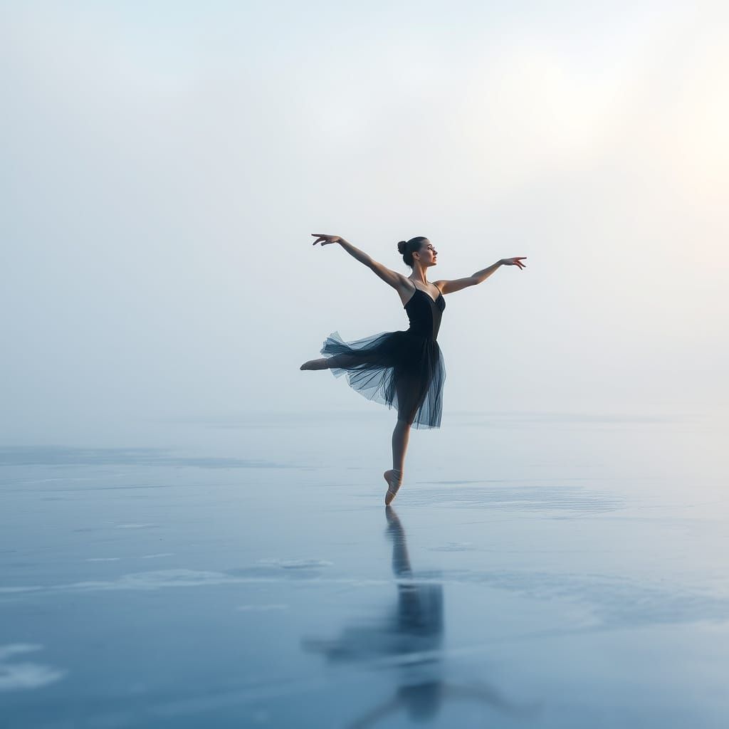 Ballerina's Swan Lake Dance on Iced Lake in Mist