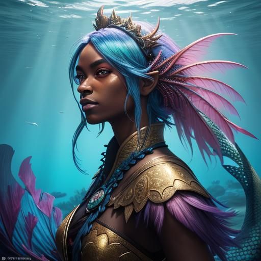 Dark Mermaid with Iridescent Pink Peacock Feather Tail