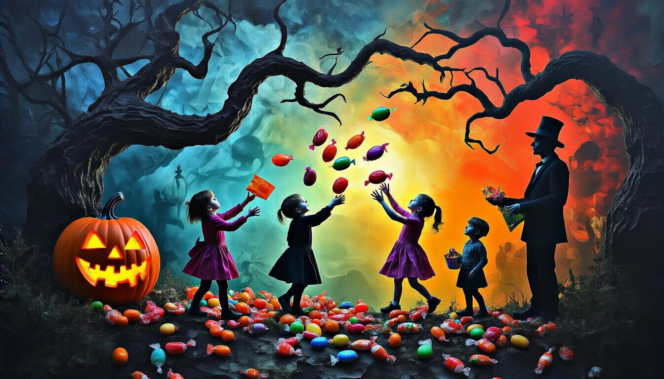 Halloween Kids Throwing Candy in Surreal Mixed Media Collage