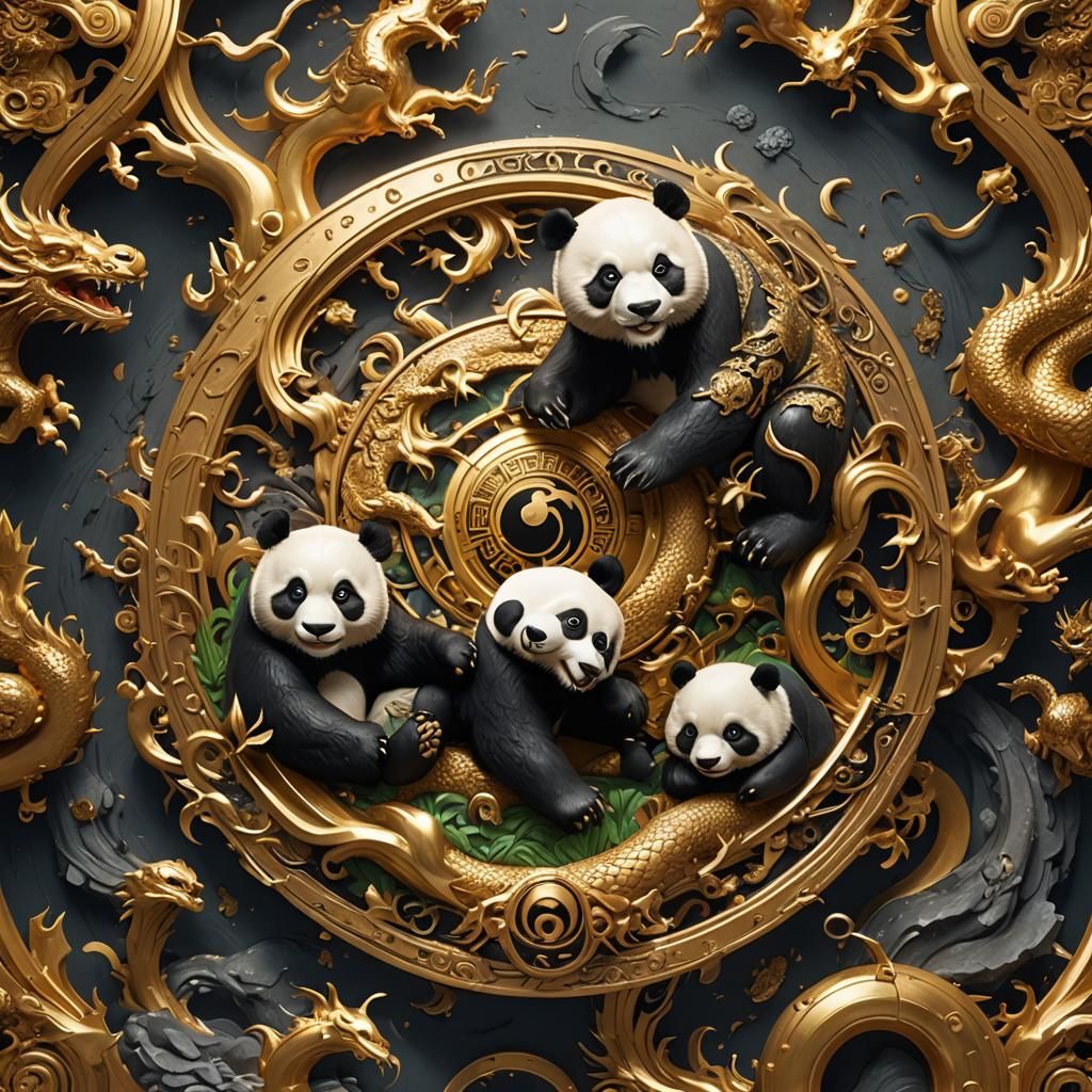 Yin-Yang with panda in gold