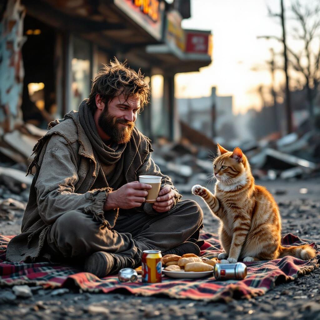 Apocalyptic Survivor Enjoys Picnic With Ginger Cat Amidst Ru...