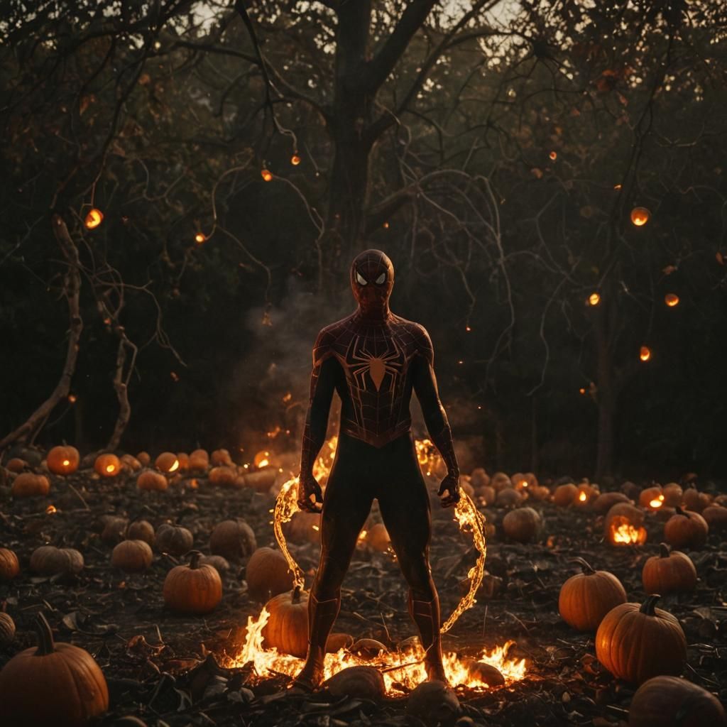 Spiderman Amidst Burning Pumpkins: Cinematic Halloween Scene