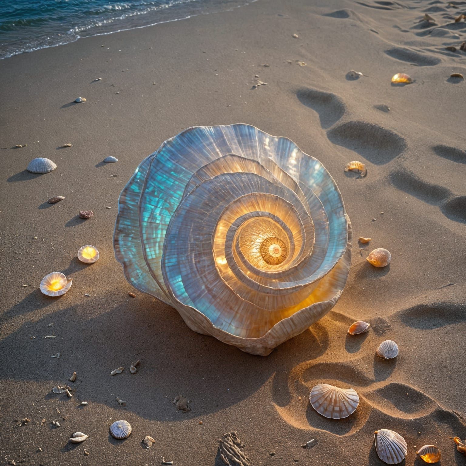 Glowing Seashell Lamp on a Beach