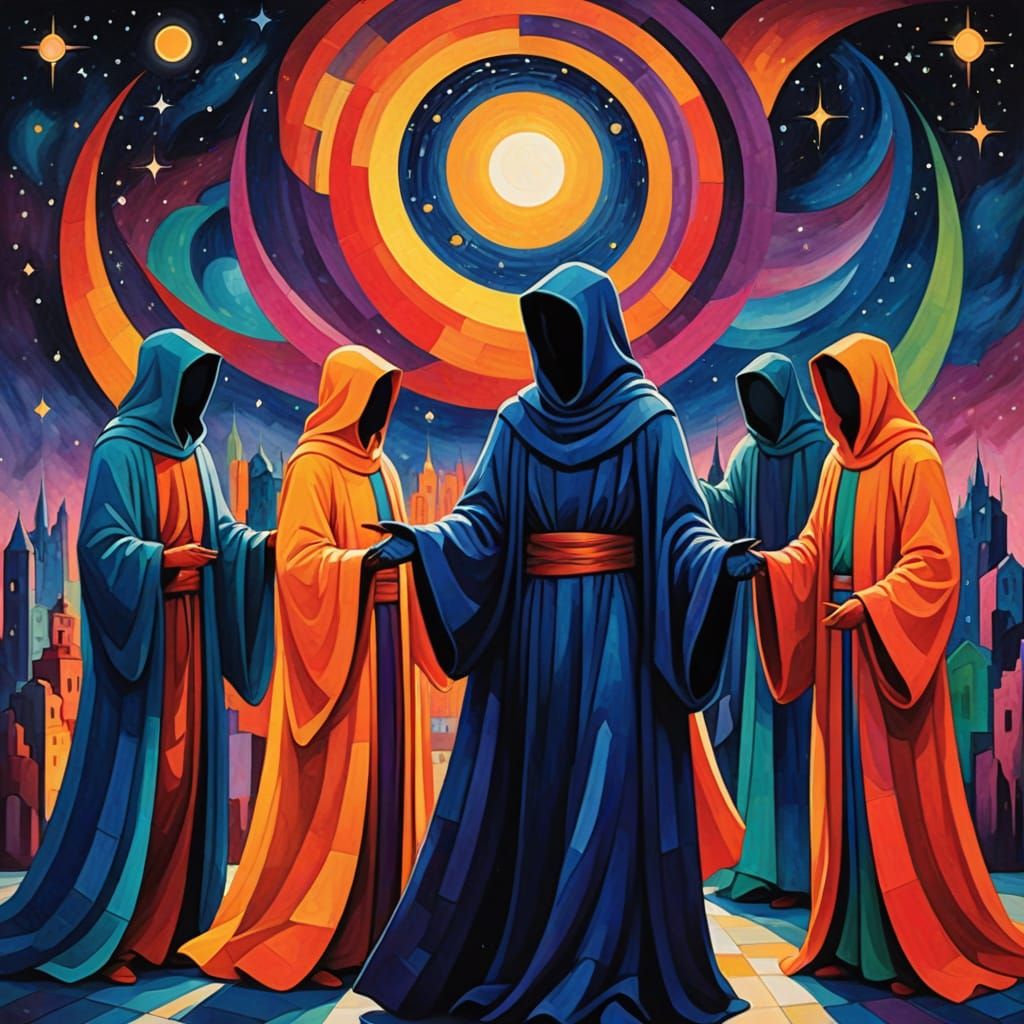 Abstract Cubist Figures Before Glowing Portals