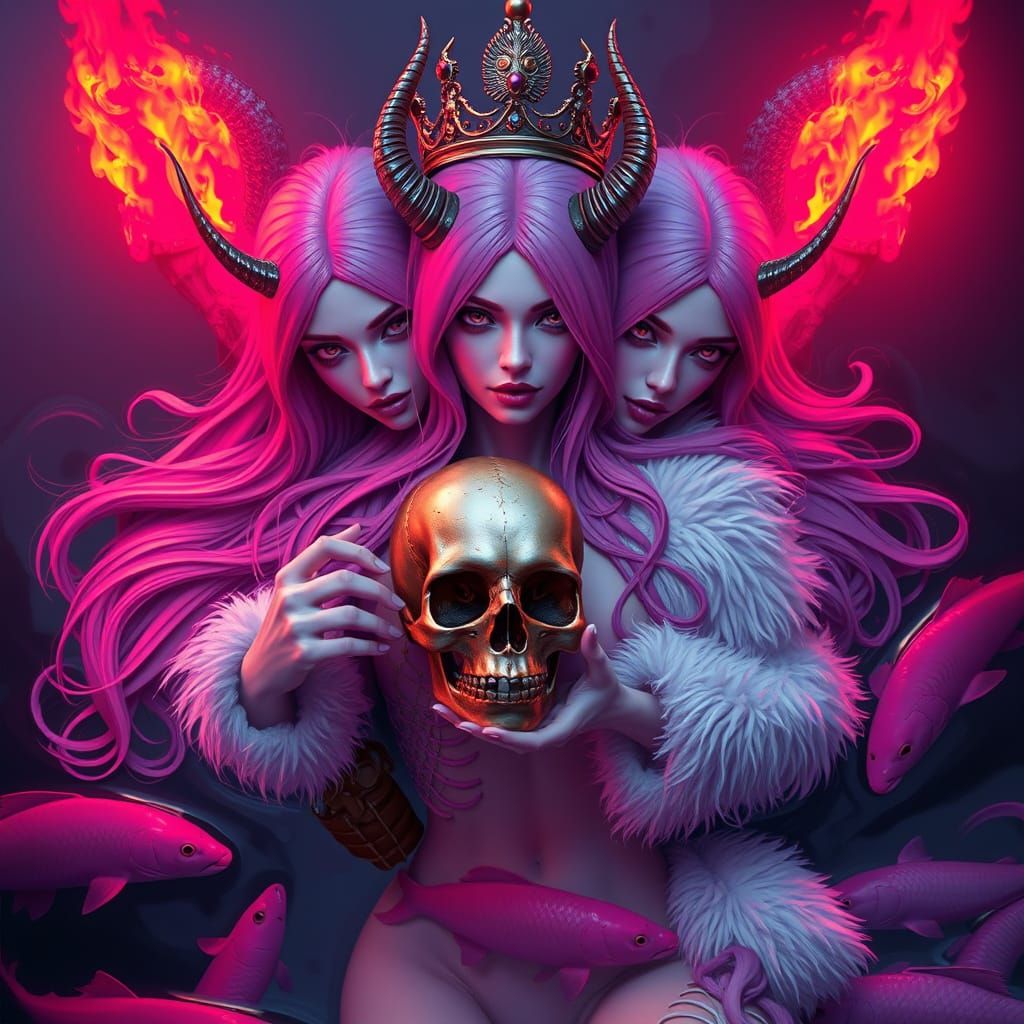Three-Headed Lavender Woman with Skull, as Dark Fantasy Art