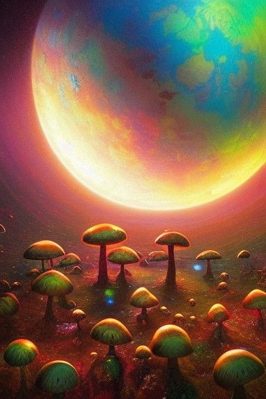 Mushrooms covered the Planet by Greg Rutkowski Dan Mumford Greg Rutkowski Thomas Kinkade psychedelic art airbrush art #f...