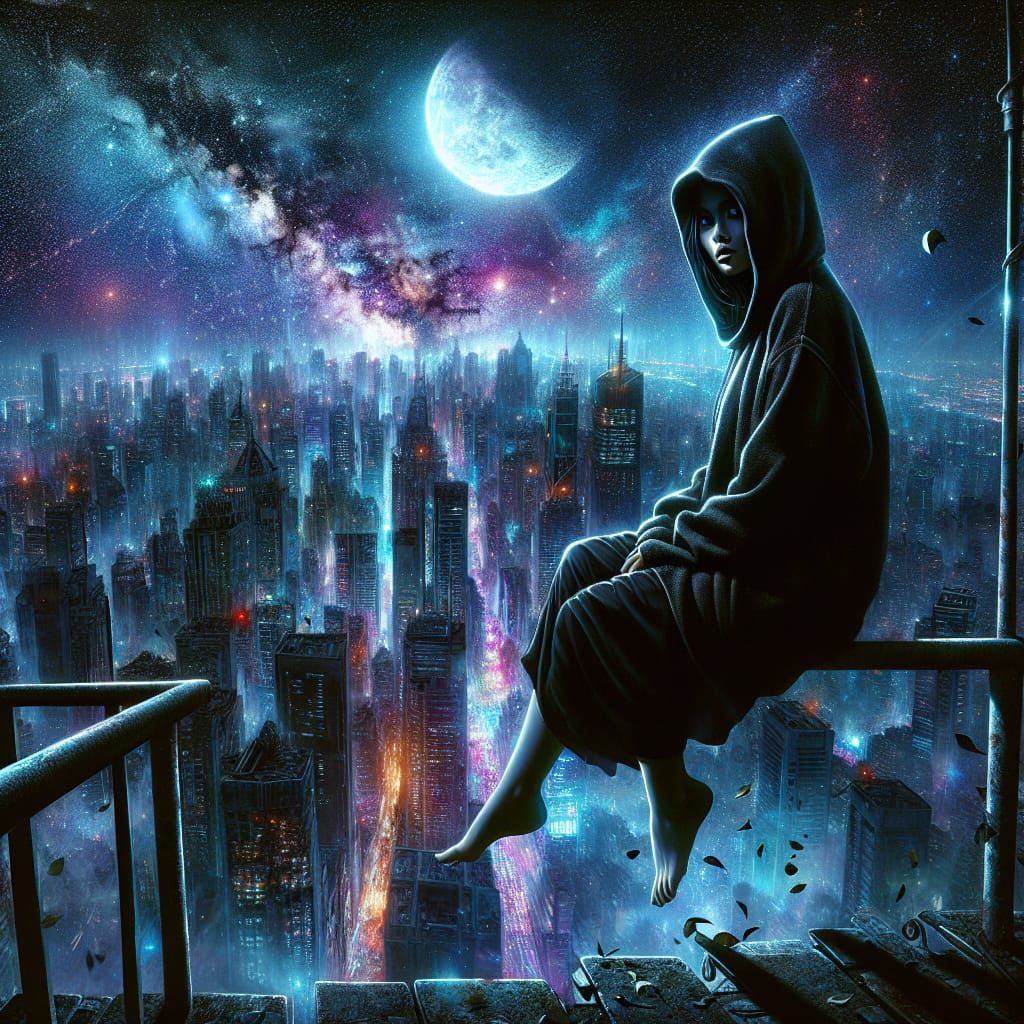 Woman Gazing Over Neon Cityscape as Oil Painting