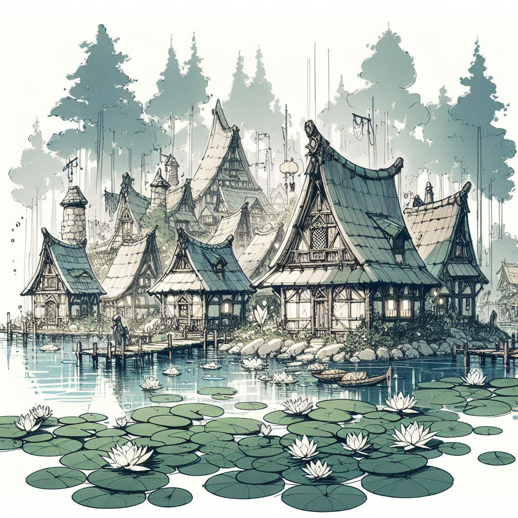 Fantasy Lily Pad Village in Watercolor Style