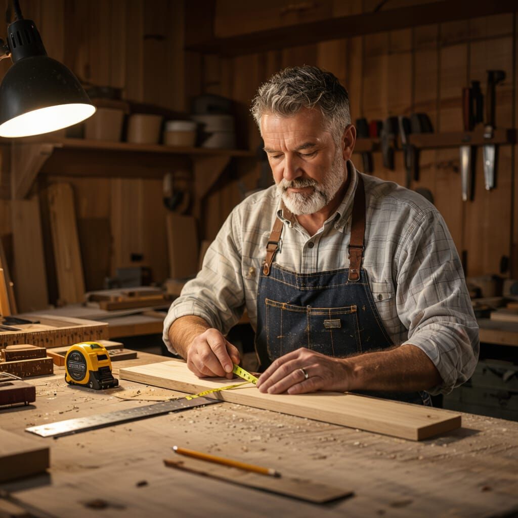 Craftsman Measures Wood in Workshop