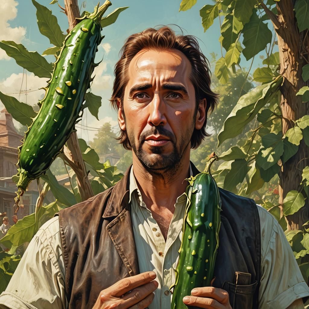 Nicholas Cage Portrait with Pickle, Digital Illustration