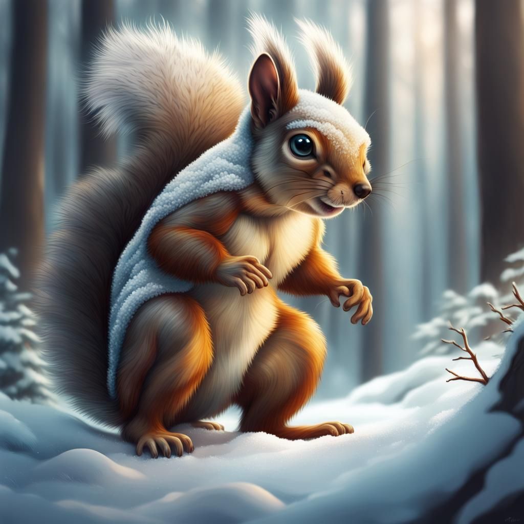 Squirrel-Headed Baby Crawling Through Snowy Forest