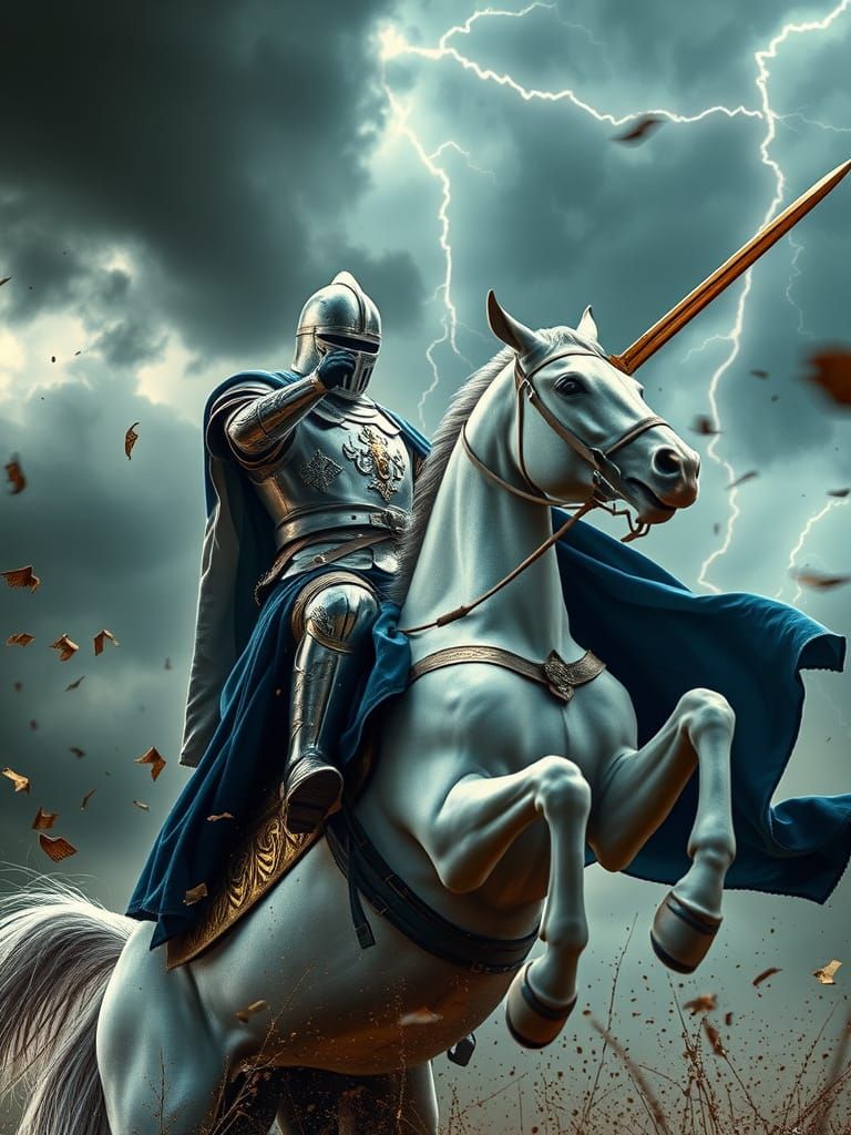 Knight with Glowing Sword on Rearing Horse