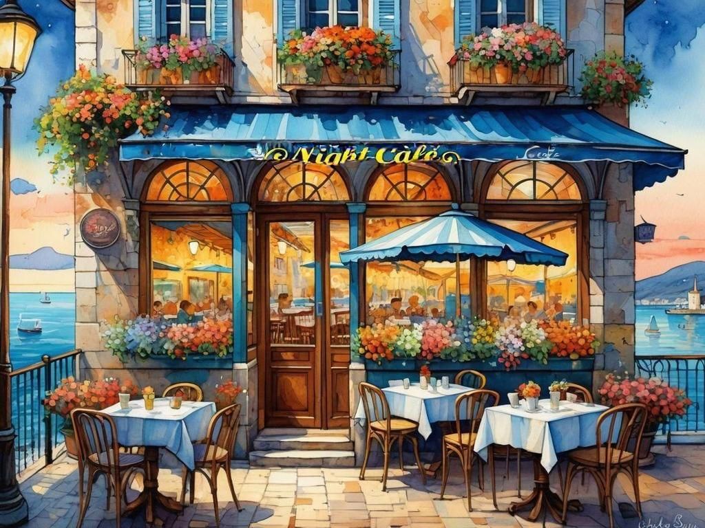 Romantic Seaside Cafe in Watercolor Style