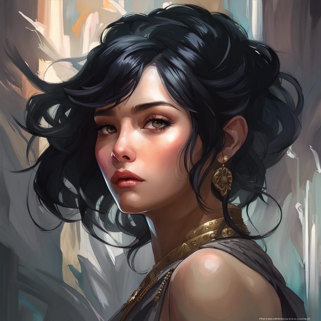 Beautiful Black-Haired Woman Portrait in Art Nouveau Style