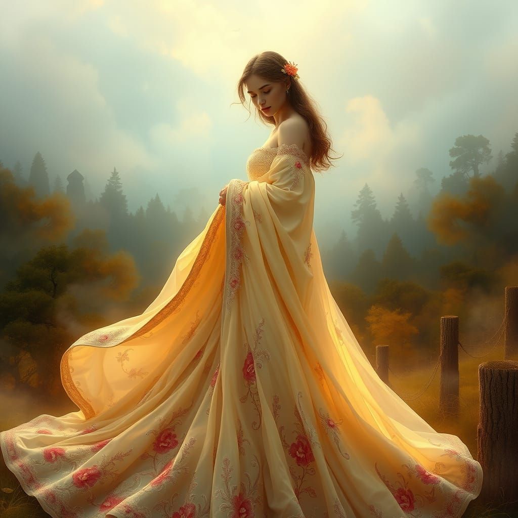 Ethereal Fantasy Woman in Whimsical Embroidered Gown