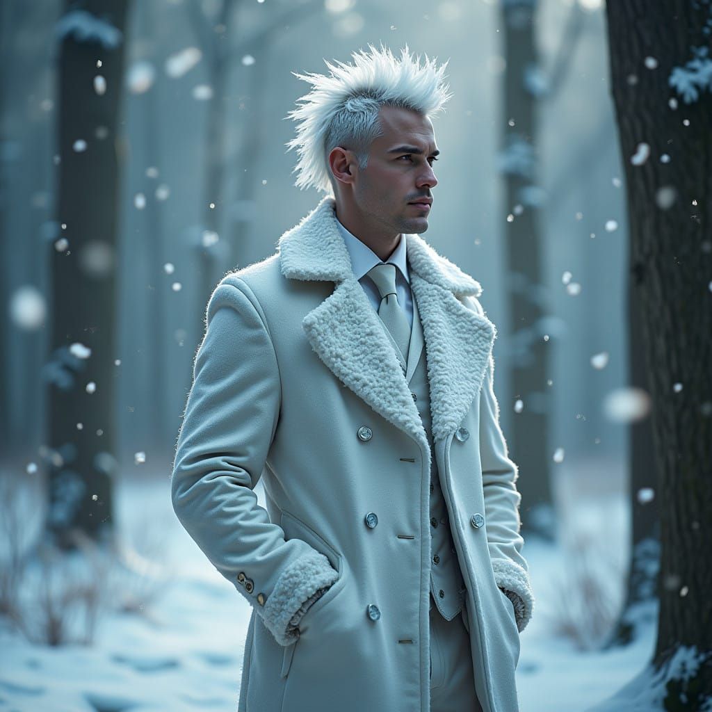 Winter Wonderland Figure in Frosty Attire Amidst Snowy Fores...