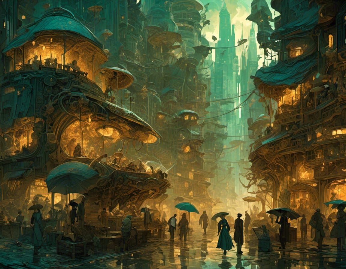 Dieselpunk Cityscape on a Rainy Day