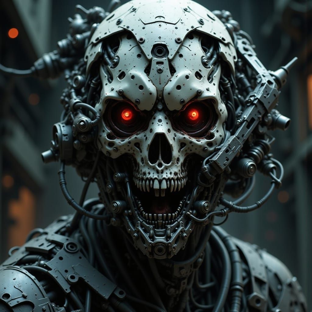 Menacing Mechanical Humanoid Figure in Hyperrealistic Style