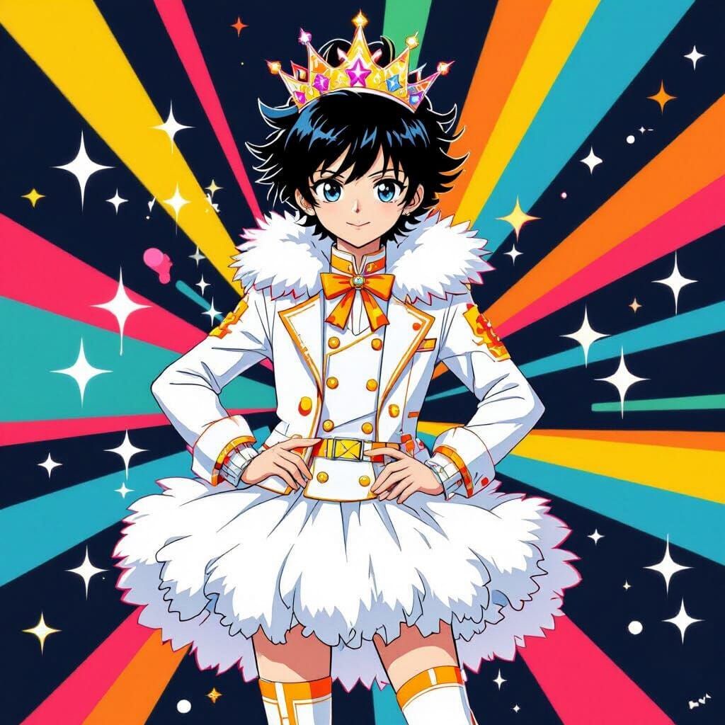 Anime Idol Boy in Fluffy Skirt with Crown