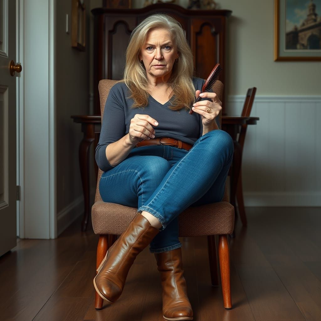 Mature Woman with Hairbrush in Photorealistic Style