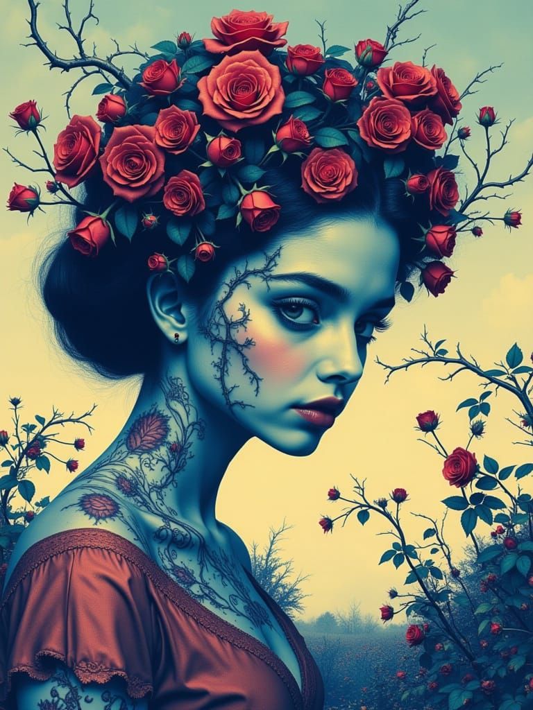 Surreal Rose Goddess in a Dreamlike Rose Garden