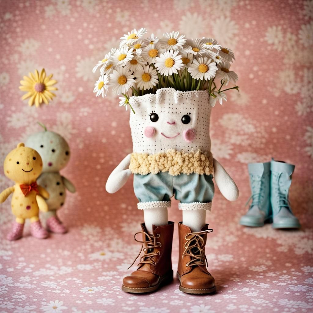 Happy Plushie Doll in Boots, a Textile Art