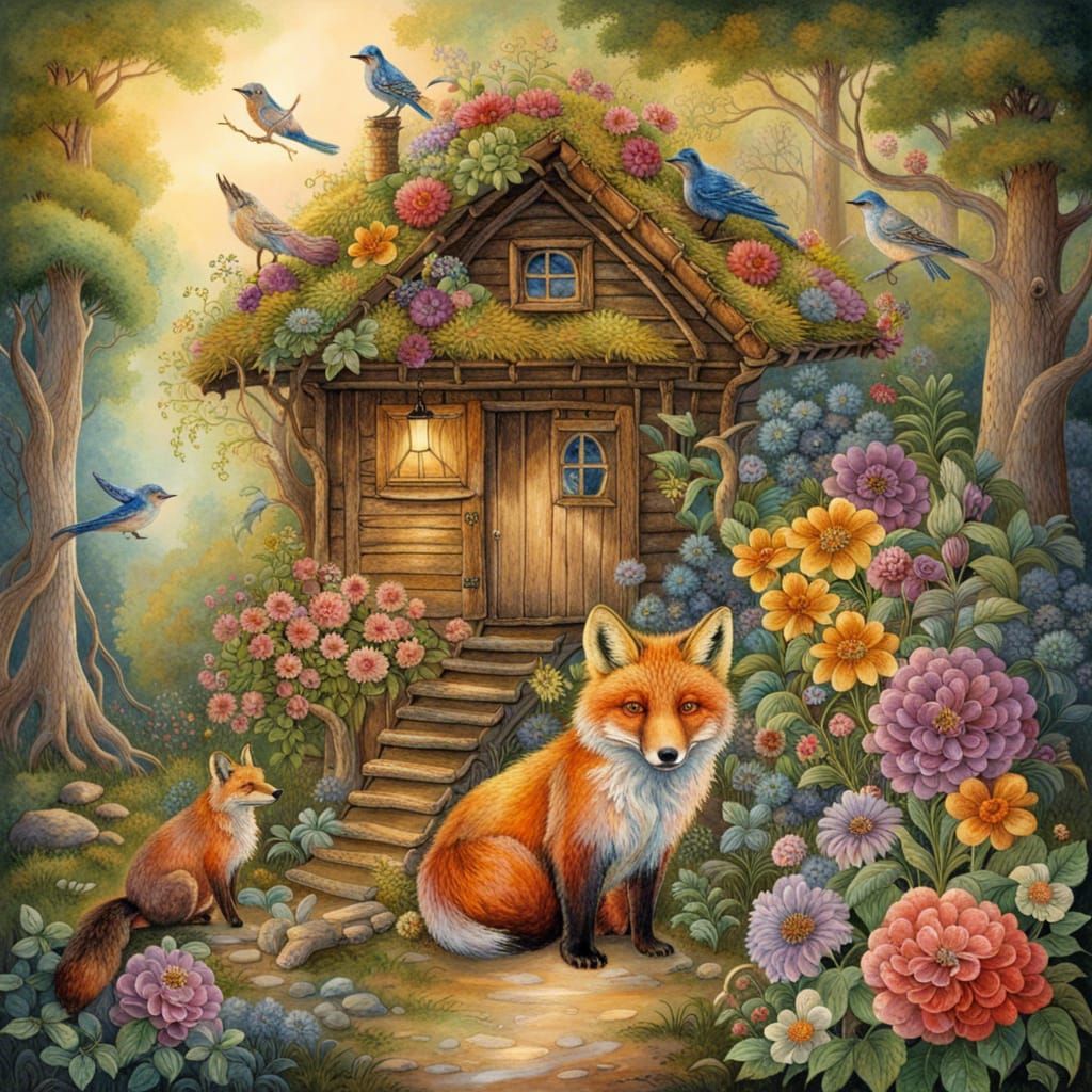 Animals Around Floral Cabin in Naive Watercolor Style