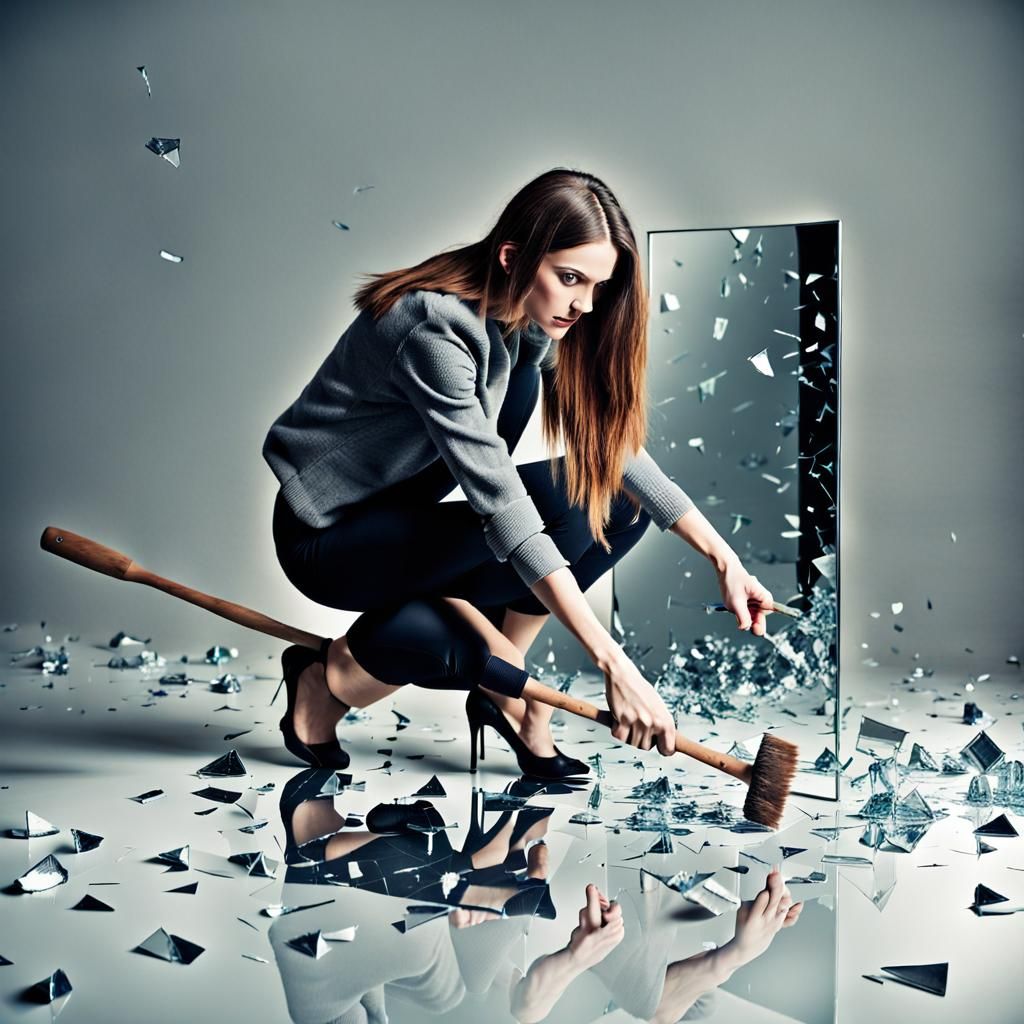 Woman Shattering Reflection with Hammer