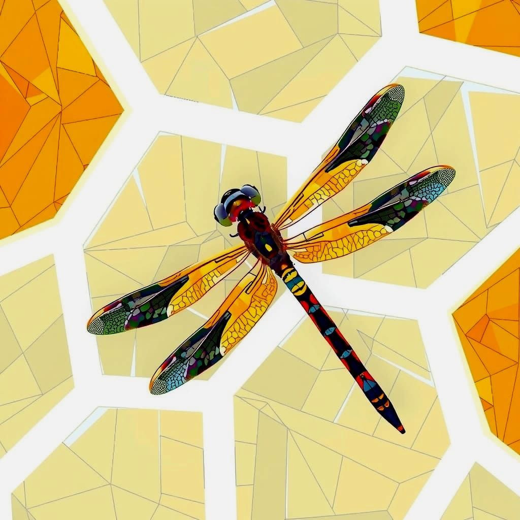 Dragonfly in Neo-Cubist Geometric Landscape