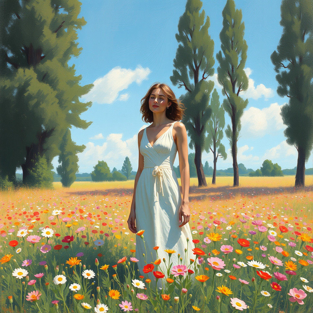 Woman in Sunny Meadow: An Impressionistic Landscape