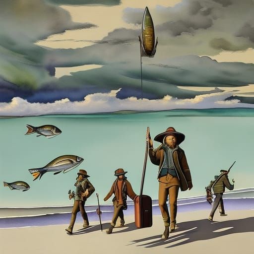 Sardines' Surreal Trip: Cézanne-Inspired Watercolor Dreamsca...