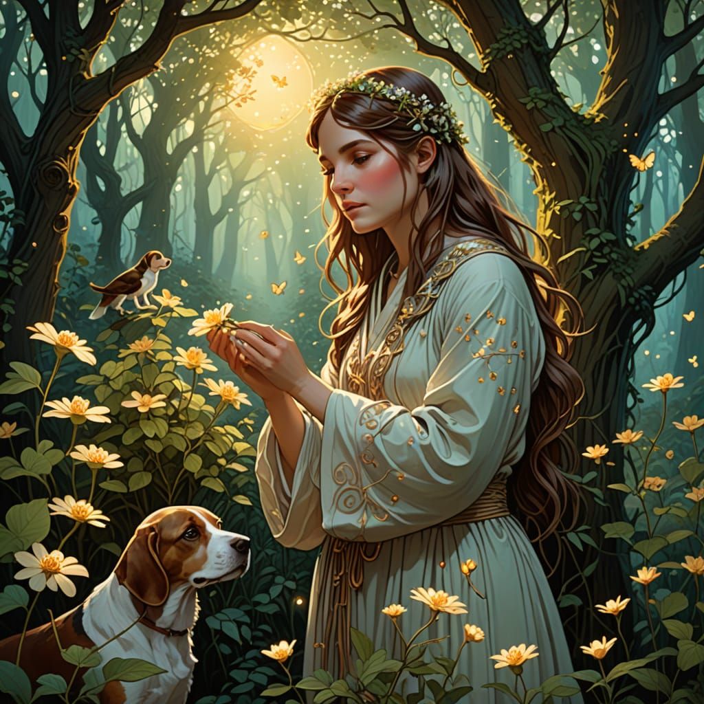 Botanist and Beagle in Enchanted Forest, Art Nouveau Style