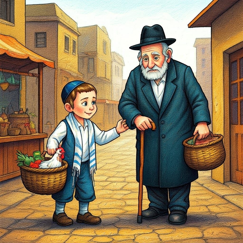 Whimsical Scene of Jewish Boy Helping Elderly Man