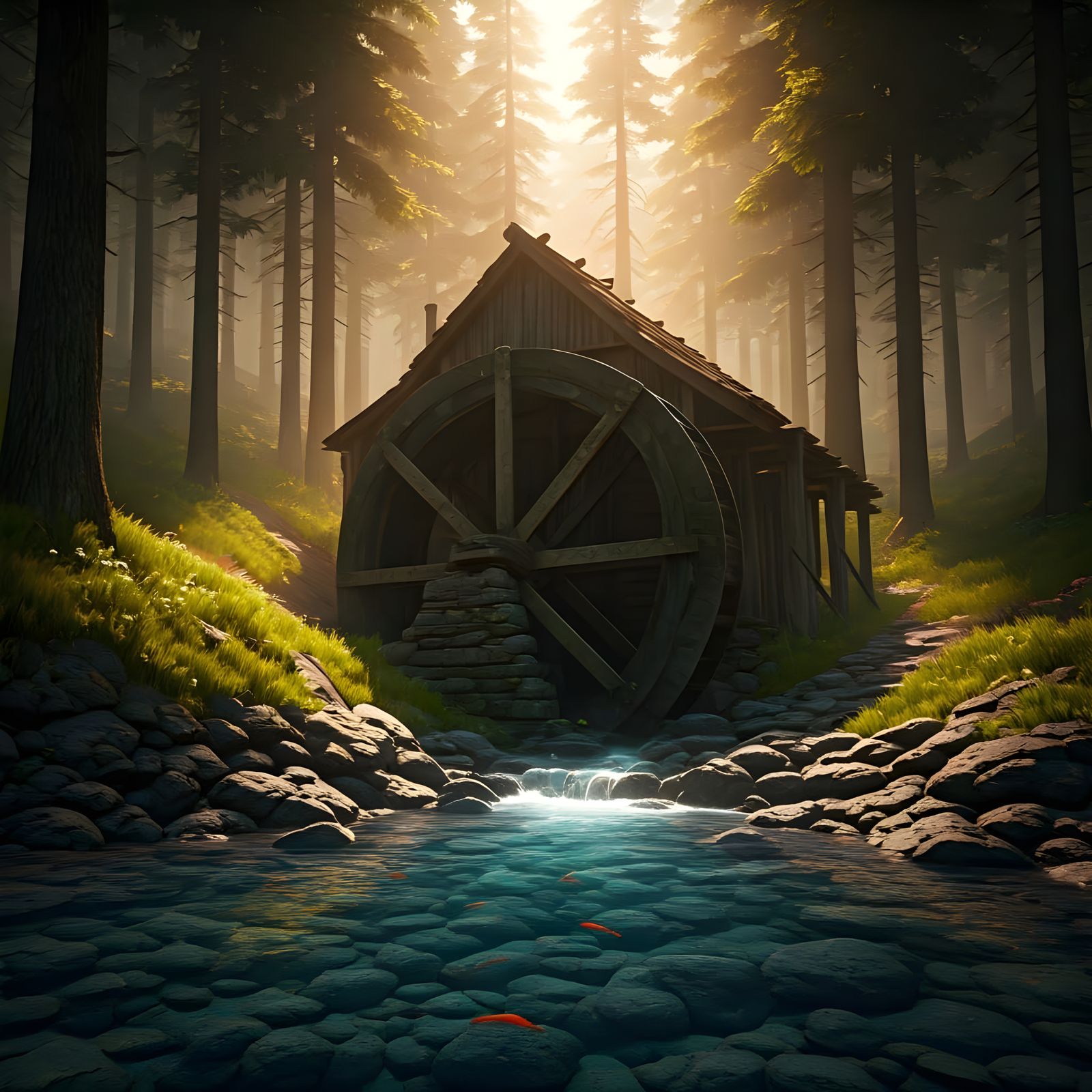 Waterwheel in Serene Woodland Setting