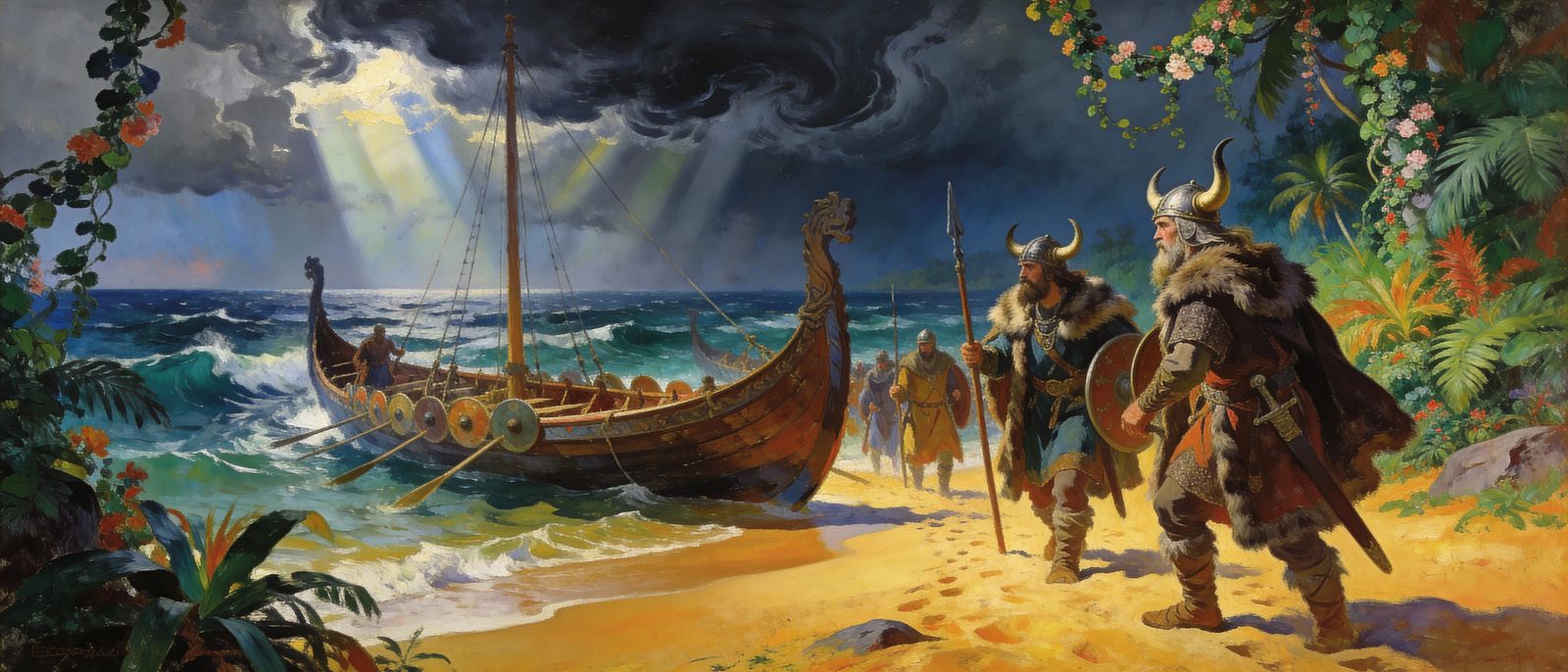 Viking Explorers Discovering New Land in Classical Oil Paint...
