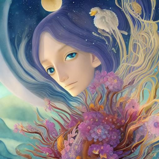 Woman Holding Galaxy in Andes, Watercolor Art