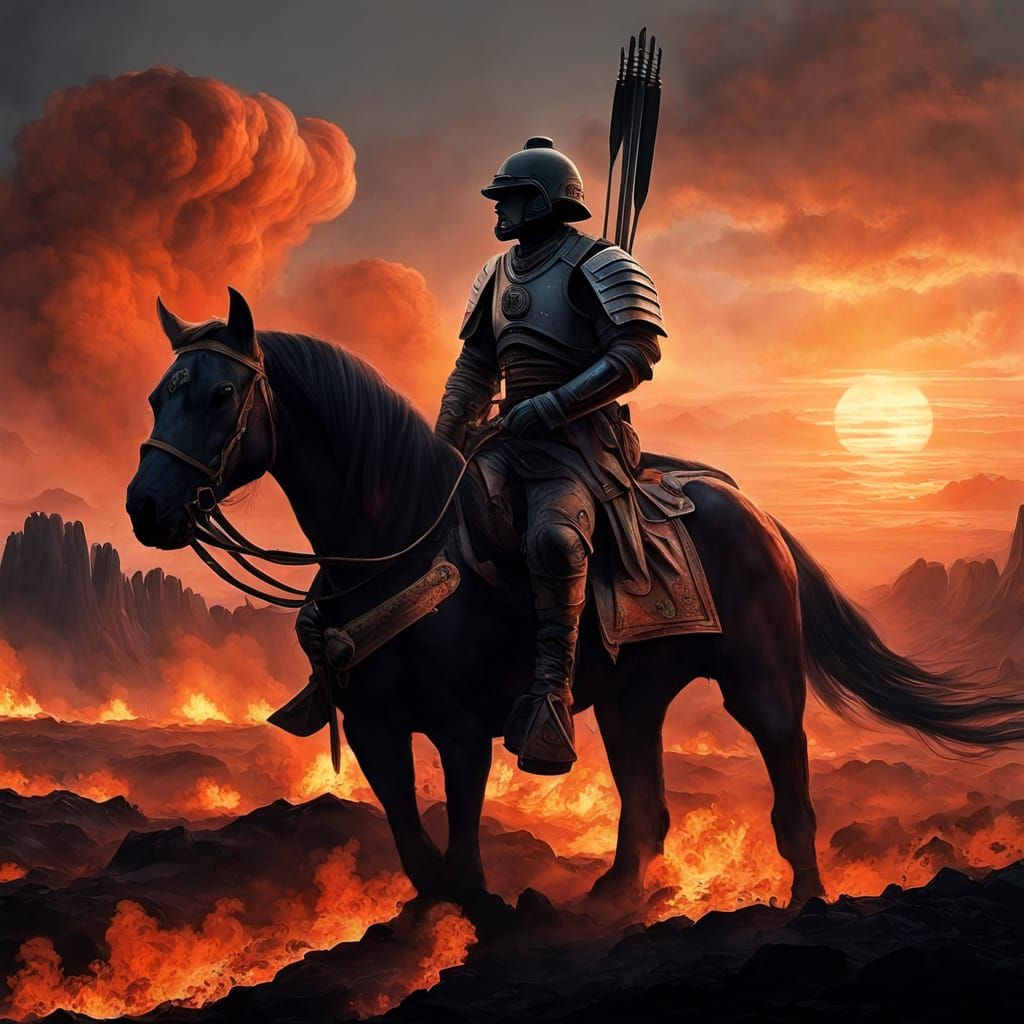 Lone Warrior Silhouetted on Fiery Battlefield