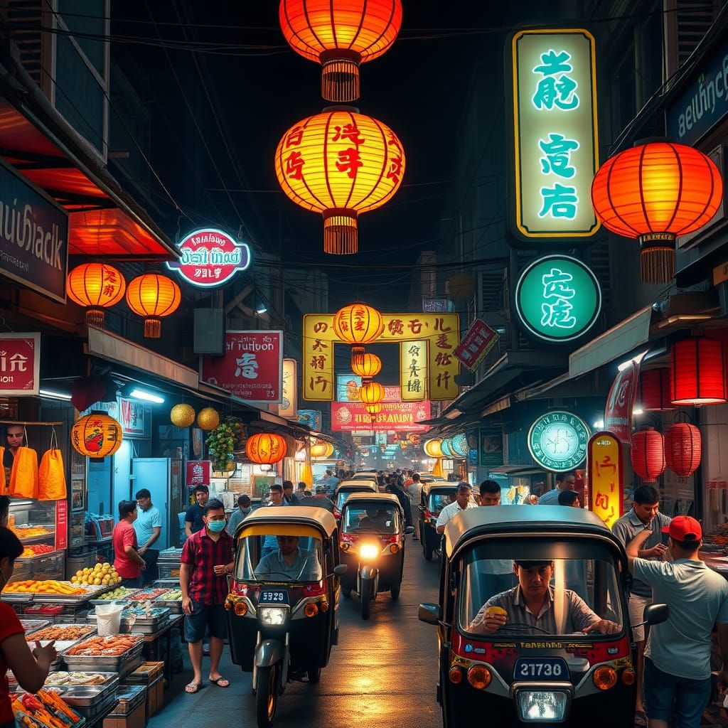 Vibrant Bangkok Night Market in Neon Splendor