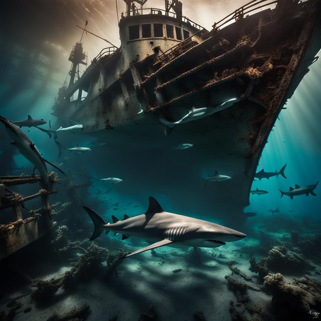 Mediterranean Shipwreck Scene with Sharks, Hyperrealistic