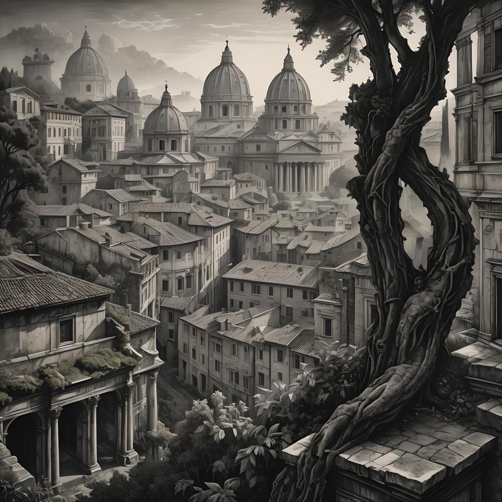 Rome in Black and White Engraving Style