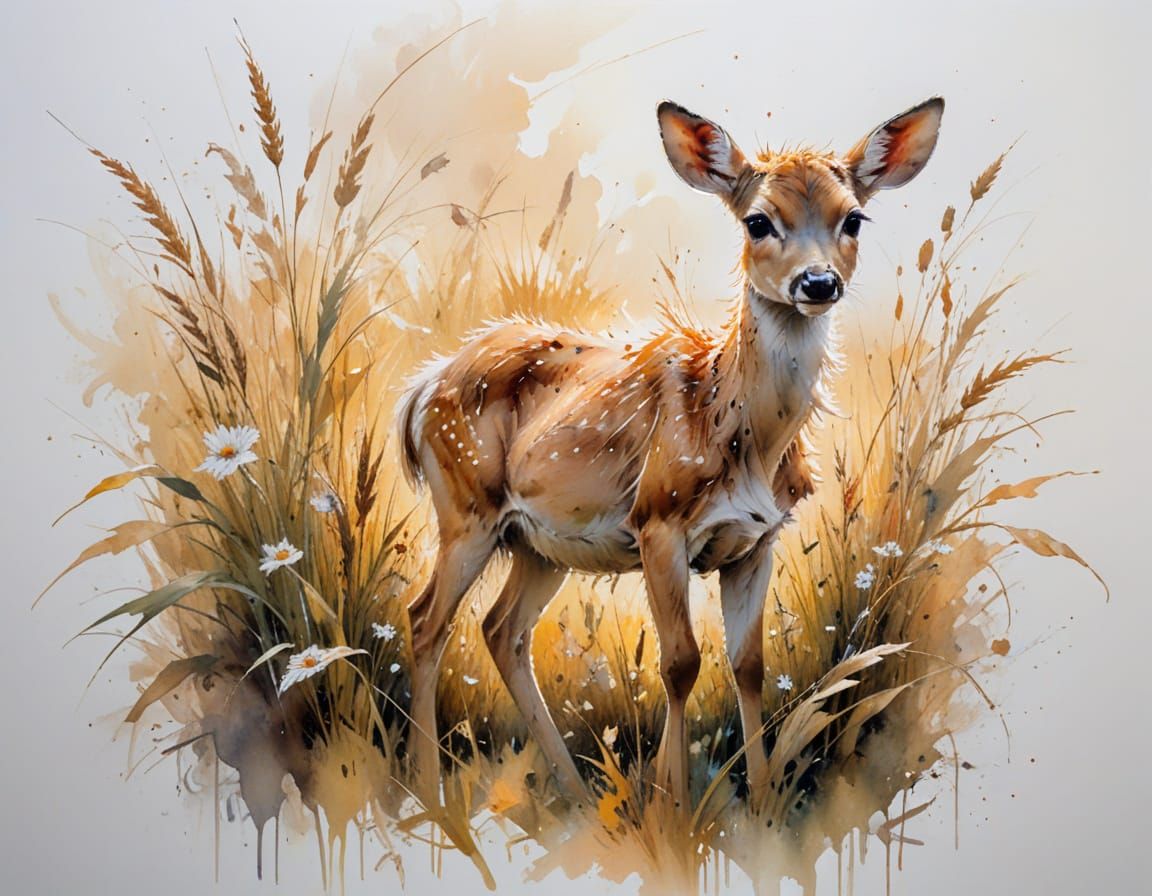 Fawn in Golden Hour Meadow as Loose Watercolour