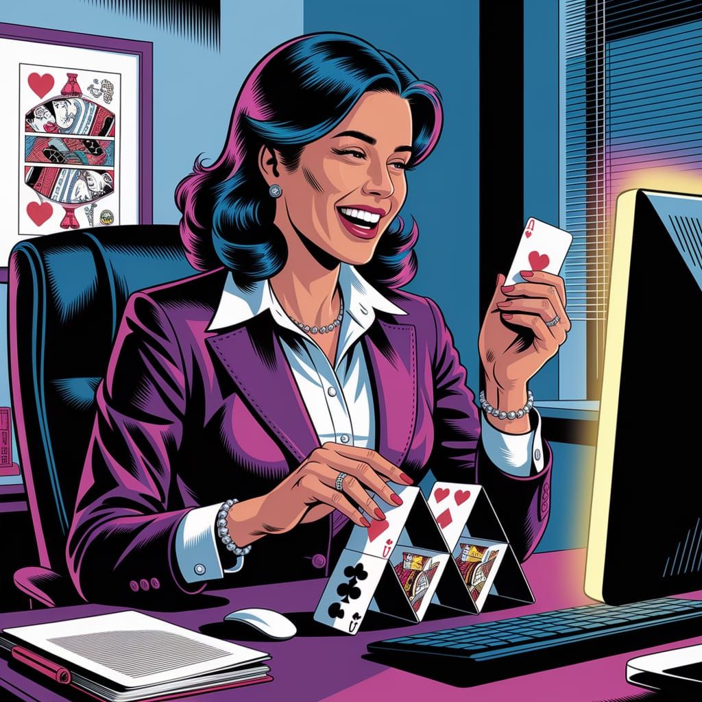Secretary Builds Card House in Pulp Comic Style