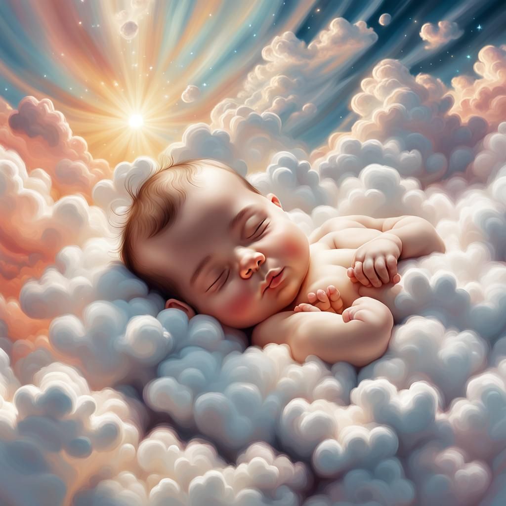Dreamy Baby Sleeping on Clouds: Surrealist Digital Art