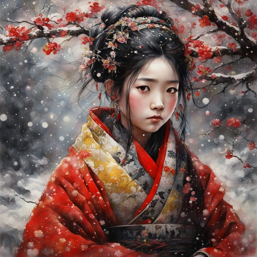 Japanese Princess in Winter Snowfall and Cherry Blossoms