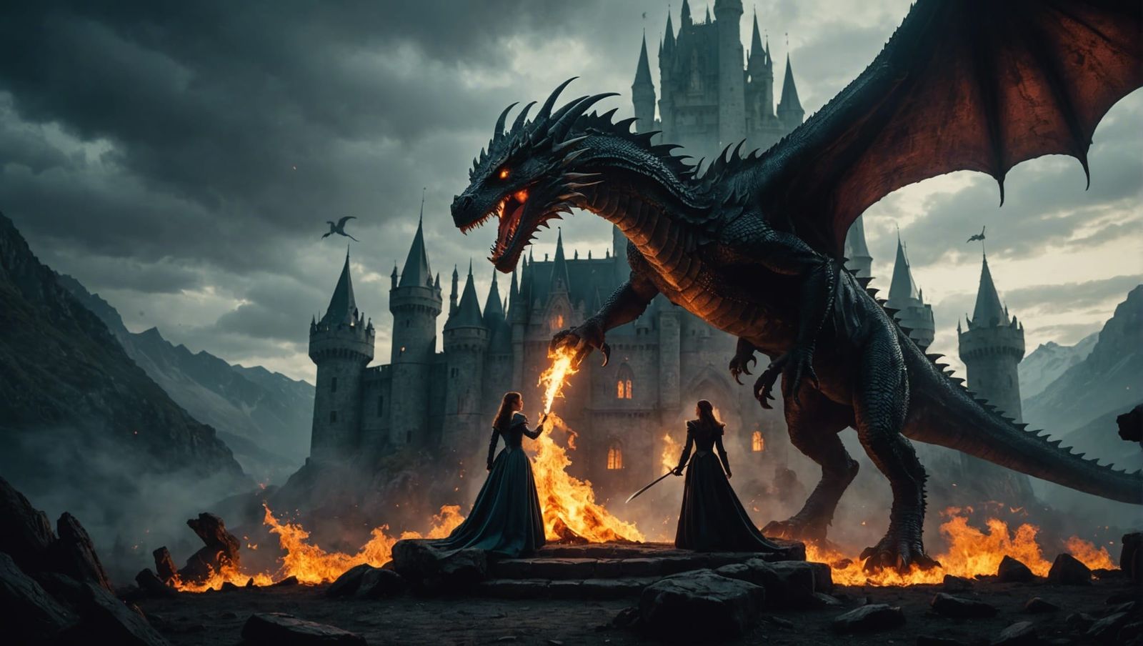 Dramatic Dark Castle with Princess and Dragon